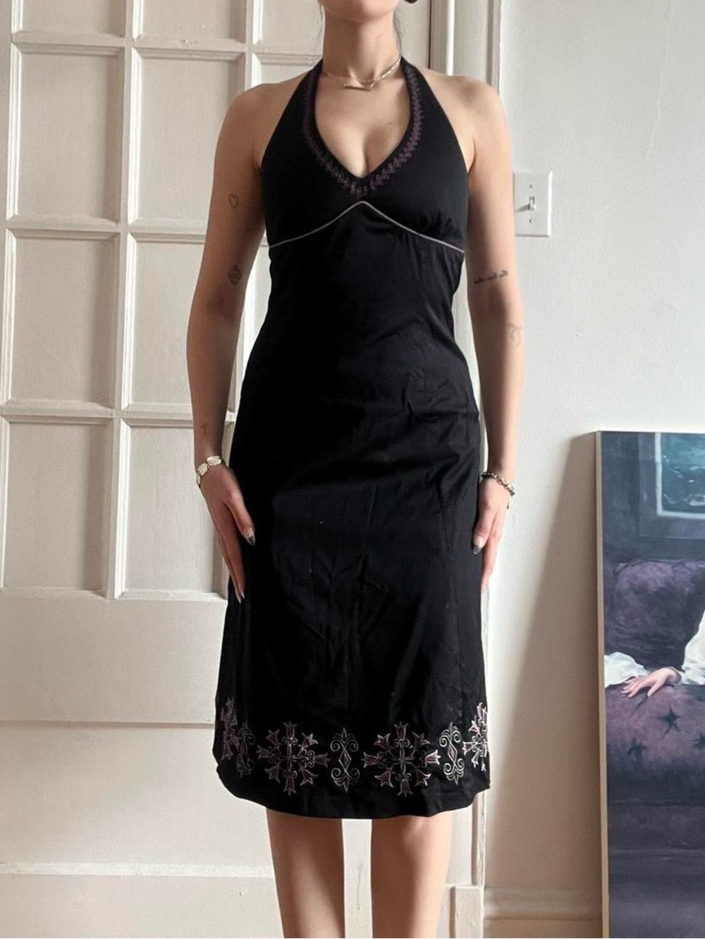 Size 4 RW&Co Midi Embroidered Design Black Halterneck Dress